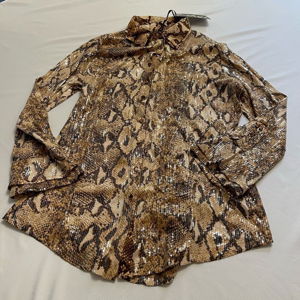 NWT Ethyl Snakeprint Sequin Sparkle Tunic Top Button Up Shirt Plus Size XXL New